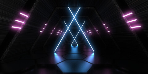 3D abstract background with neon lights.  .space construction . .3d illustration