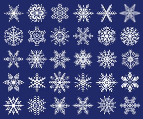 Snowflake silhouette, christmas ice flake icons, frozen crystals. Stylized cold snow crystal, xmas winter snowflakes ornaments icon vector set. Cold season elements with elegant ornament
