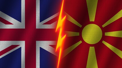 Macedonia and United Kingdom Flags Together, Wavy Fabric Texture Effect, Neon Glow Effect, Shining Thunder Icon, Crisis Concept, 3D Illustration