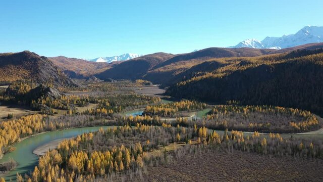 Drone video over autumn mountain landscape and forest. Altai, Kuraiskaya steppe