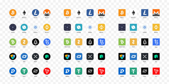 Cryptocurrency icons vector collection. Crypto-Currency logos coins set : Ethereum, Ripple, Monero, XRP, Stellar, Cardano, Bitcoin Cash... Cryptocurrencies buttons, editorial vector illustration.