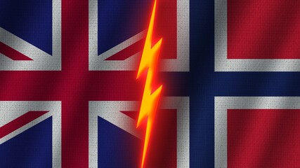 Norway and United Kingdom Flags Together, Wavy Fabric Texture Effect, Neon Glow Effect, Shining Thunder Icon, Crisis Concept, 3D Illustration