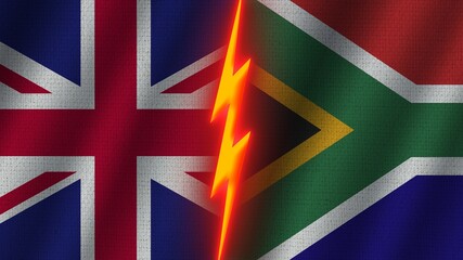 South Africa and United Kingdom Flags Together, Wavy Fabric Texture Effect, Neon Glow Effect, Shining Thunder Icon, Crisis Concept, 3D Illustration