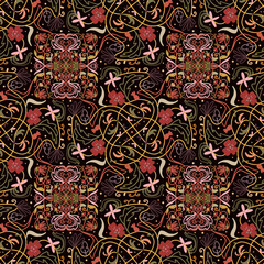 Dark bright mandala seamless pattern with leaves and flowers