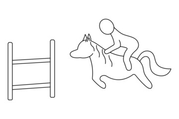 Horseback Riding. Sketch. The rider overcomes the obstacle on horseback. Vector icon. The rider shows the direction of the kankur. Overcoming the distance for speed. Isolated white background. 