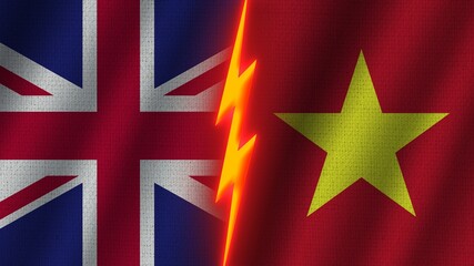 Vietnam and United Kingdom Flags Together, Wavy Fabric Texture Effect, Neon Glow Effect, Shining Thunder Icon, Crisis Concept, 3D Illustration