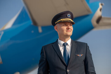 Portrait of pilot in uniform looking away, standing in front of big passenger airplane ready for departure in airport. Aircraft, occupation, transportation concept