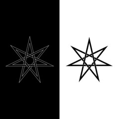 Icon symbol Elven star. Magician seven-pointed star as a protective amulet. Isolated icon in black with white outline. Esoteric, sacred geometry. Vector illustration on white and black background