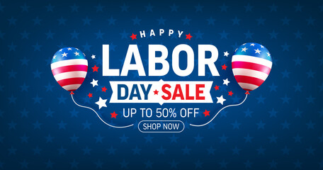 USA Labor Day Sale Banner and poster template.USA labor day celebration with american balloons flag on blue.Sale promotion advertising banner template for USA Labor Day Brochures,Poster or Banner. - obrazy, fototapety, plakaty