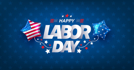 USA Labor Day Banner and poster template.USA labor day celebration with american balloons flag on blue.Sale promotion advertising banner template for USA Labor Day Brochures,Poster or Banner. - obrazy, fototapety, plakaty