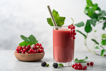 Red currant, raspberry, blackberry and blueberry smoothie. Transparent glass of berry healthy drink with bamboo tube