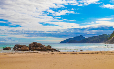 Amazing rock formations boulders Ilha Grande Santo Antonio Beach Brazil.