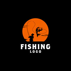 Angler Fishing Silhouette logo illustration at Sunset Outdoor design inspiration