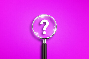 Magnifying glass and question mark on purple background
