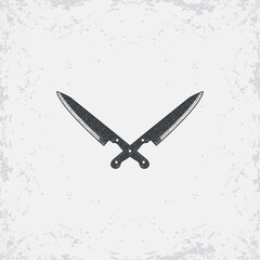 Color illustration Crossed knives on a background with grunge texture. Designer element for emblems, posters, stickers, label and icon. Vector illustration. Butcher knives.