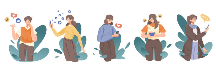 Characters People using smartphones with social media, illustration set. concept of live streaming social network emoticons and chatting, cartoon flat lifestyle vector illustration