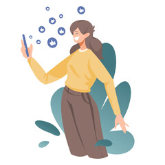 Character woman using smartphones with social media, concept of live streaming social network emoticons and chatting, cartoon flat lifestyle vector illustration