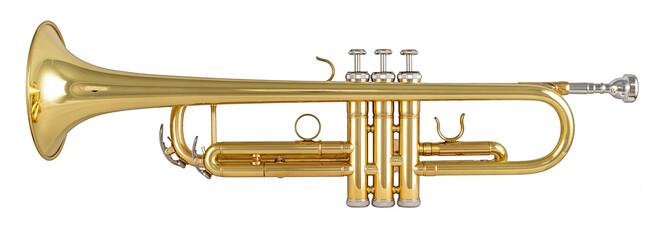 Golden shiny metallic brass trumpet music instrument isolated white background. musical equipment entertainment orchestra band concept. - obrazy, fototapety, plakaty