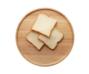 Top view,three slices of bread in a wooden tray on a white background