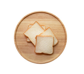 Top view,four slices of bread in a wooden tray on a white background