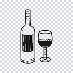 Hand drawn Bottle of Wine and a Glass isolated on transparent background. Vector illustration.