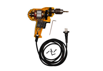 detachable used electric drill on white background The lid opens to reveal the internal components...