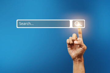 Hand touch screen search button interface global connection Internet network information exchange