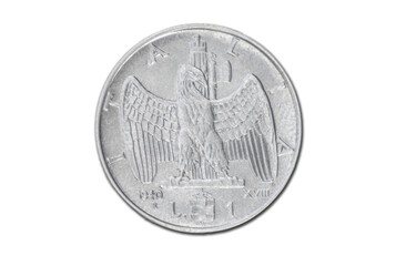 Old silver Italian coin isolated on white background