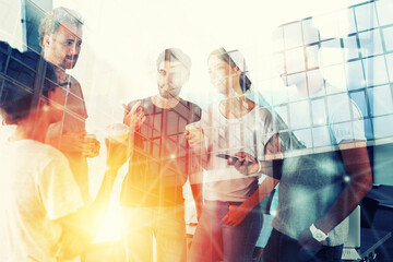 Background concept with business people silhouette at work. Double exposure and light effects