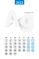 Calendar for August 2022, blue circle design. English language, week starts on Monday.