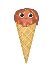 Chocolate ice cream. In a waffle cone. Summer food sweet dessert. Flat design. Nuts. Cartoon funny character. The object is isolated on a white background. Illustration Vector