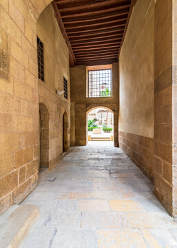 Stone bricks passage leading to the courtyard of historic Beit El Sehemy house located in Moez street, Gamalia district, Cairo, Egypt