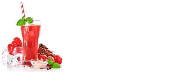 Glass of fresh tomato juice, basil and tomatoes isolated on white background. With copy space