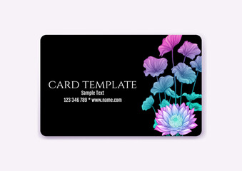 Plastic debit or credit, pass, discount, membership card template with tropical plants in neon color on black background. Vector illustration.