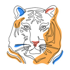 Tiger Head one line art drawing in trendy minimal style. Linear Portrait of a wild cat. Hand-drawn animal. Feline, painted by hand. Contour Painting.T-shirt print. Interior design poster. Vector.