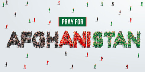 Pray for Afghanistan. A crowd of people stands, making up the word Afghanistan. Afghanistan flag made from people. Vector illustration isolated on white background.