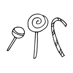 Three handmade candy doodles. Vector image of lollipops for printing, Internet, advertising.  