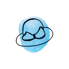Elegant women's hat with a bow. The illustration is drawn with a contour line on a watercolor blue spot. 