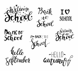 Back to school labels, greeting cards set. Vector quote I love school, lettering.