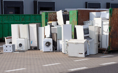 Collected and awaiting for the disposal of electronic-waste - refrigerators, washing machines and...