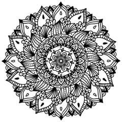 Mandala circular symmetric pattern. Oriental motif. floral decorative round ornament in black outline. Vector illustration isolated on white background. Arabic, Indian print. yoga symbol.