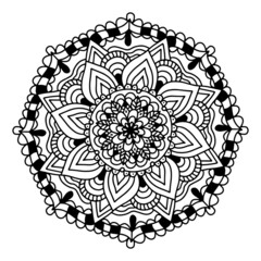Mandala circular symmetric pattern. Oriental motif. floral decorative round ornament in black outline. Vector illustration isolated on white background. Arabic, Indian print. yoga symbol.