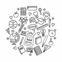 Back to school education icon set in line style circle tamplete. Logo, pictogram, design infographic elements