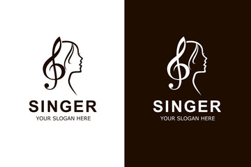 icons with singing woman and treble clef isolated on white and black background
