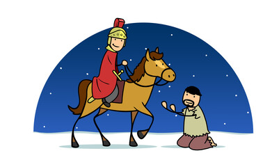 Sankt Martin auf Pferd begegnet Bettler in Winter Nacht - obrazy, fototapety, plakaty