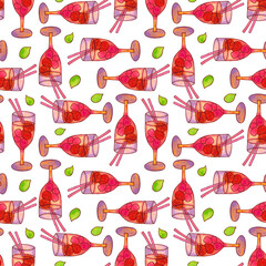 Seamless pattern with cocktails. A glass of cocktail with berries. Mixed non-alcoholicdrink with straws and fruit. The illustration is drawn in watercolor by hand.