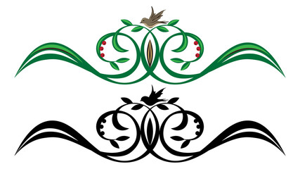 Floral decorative element with abstract plant, seed and bird, nature concept, flat design, vector template.