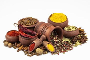 An assortment of spices and seasonings, scattered bitter and allspice in isolation on a white background.