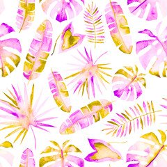 Watercolor seamless pattern with colorful abstract tropical leaves. Bright summer print with exotic plants. Creative trendy botanical textile design.	