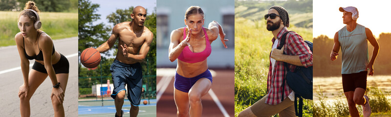 Collage about fit men and women at fitness training outdoors. Sport, training, athlete, workout, exercises concept